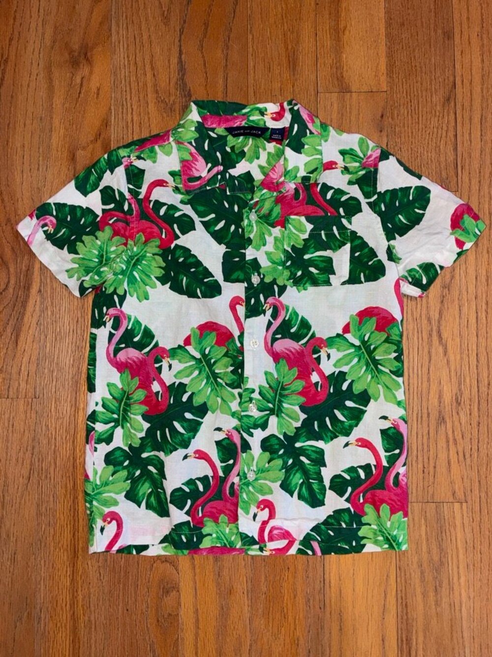 Janie and Jack Flamingo Tropical Leaf Button Up Shirt Kids Size 7